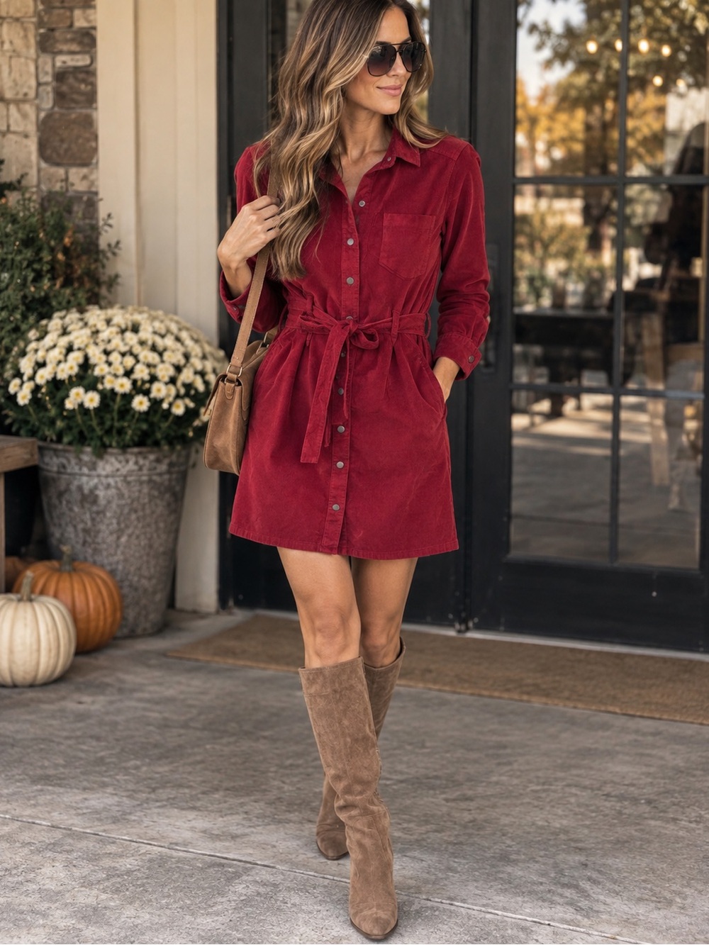 Time and Tru Belted Corduroy Utility Shirt Dress – Rich Red – Size Small